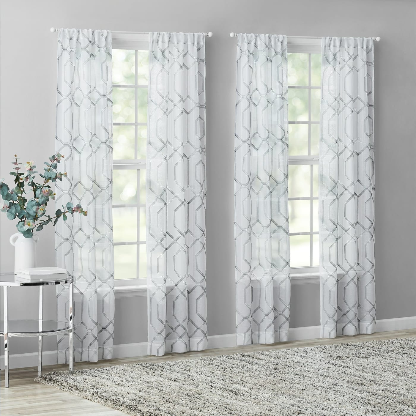 Mainstays Gray Geo Sheer Curtain Set 4 Panels