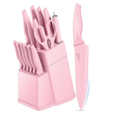 Vesteel 15pc Kitchen Knife Set with Block, Pink