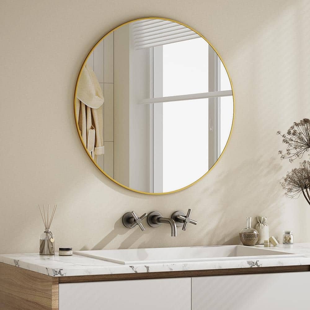 XRAMFY 24 in. Round Gold Aluminum Wall Mirror