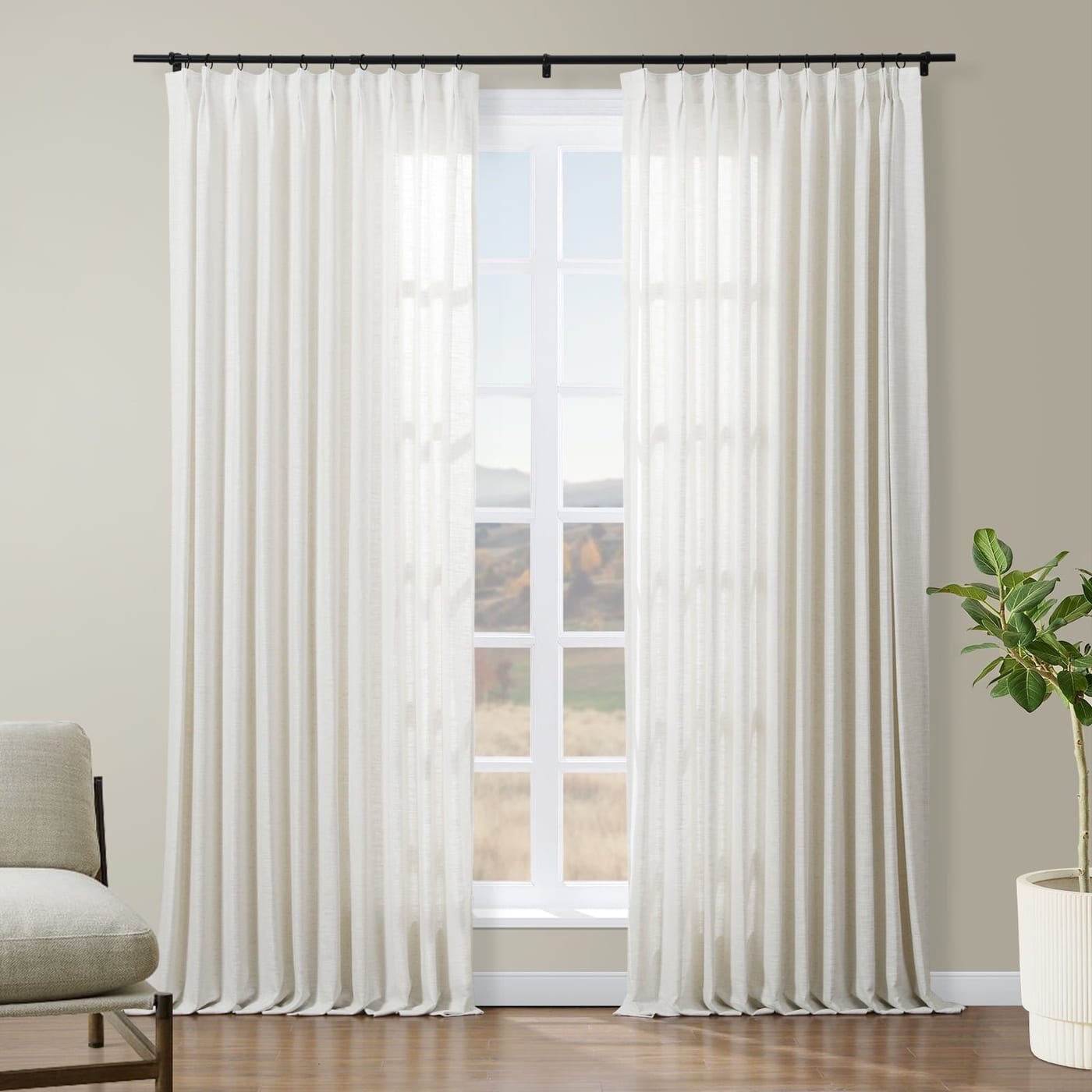 TWOPAGES Pinch Pleated Linen Curtain 100x84 White