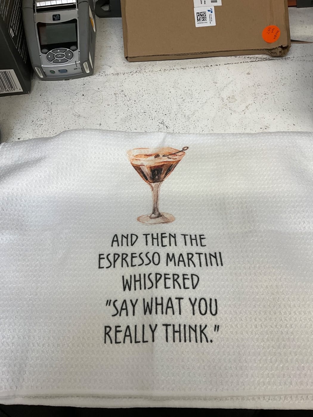 Espresso Martini Kitchen Towel, White Waffle Weave