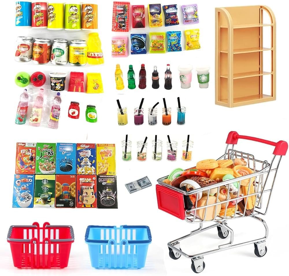 AONEFUN 112pc Miniature Dollhouse Grocery Cart Set