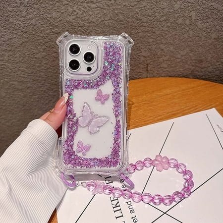 Clear Glitter Phone Case Purple 3D Butterfly