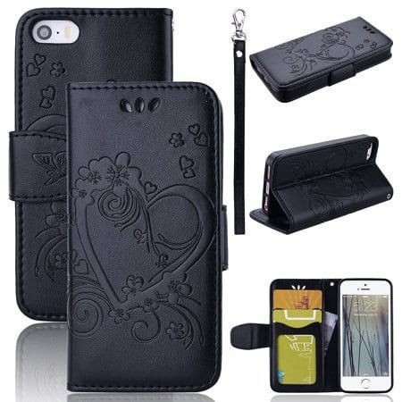 Vintage Floral PU Leather Wallet Phone Case, Black