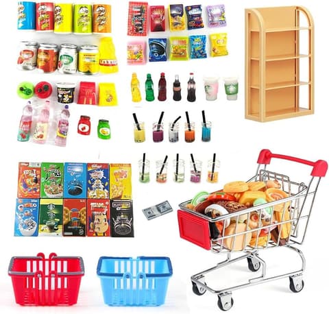AONEFUN 112pc Miniature Dollhouse Grocery Cart Set
