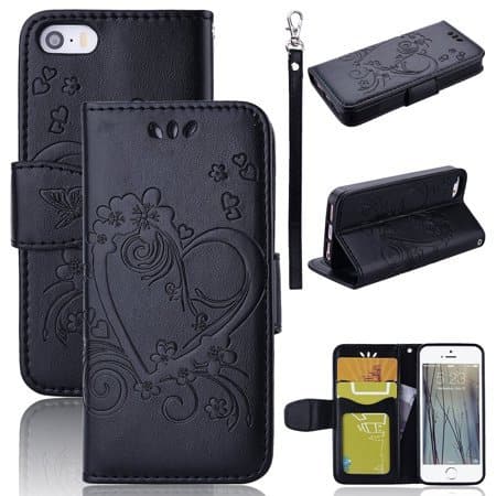 Vintage Floral PU Leather Wallet Phone Case Black