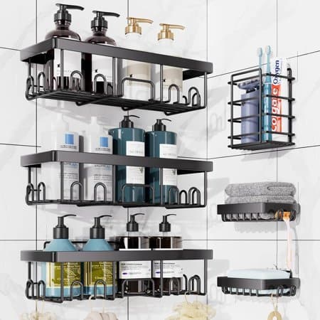 Veken Shower Caddy 6-Pack Black Adhesive Shelves