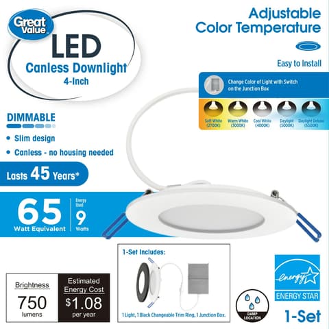 Great Value 4in LED Canless Downlight 65W Eq CCT